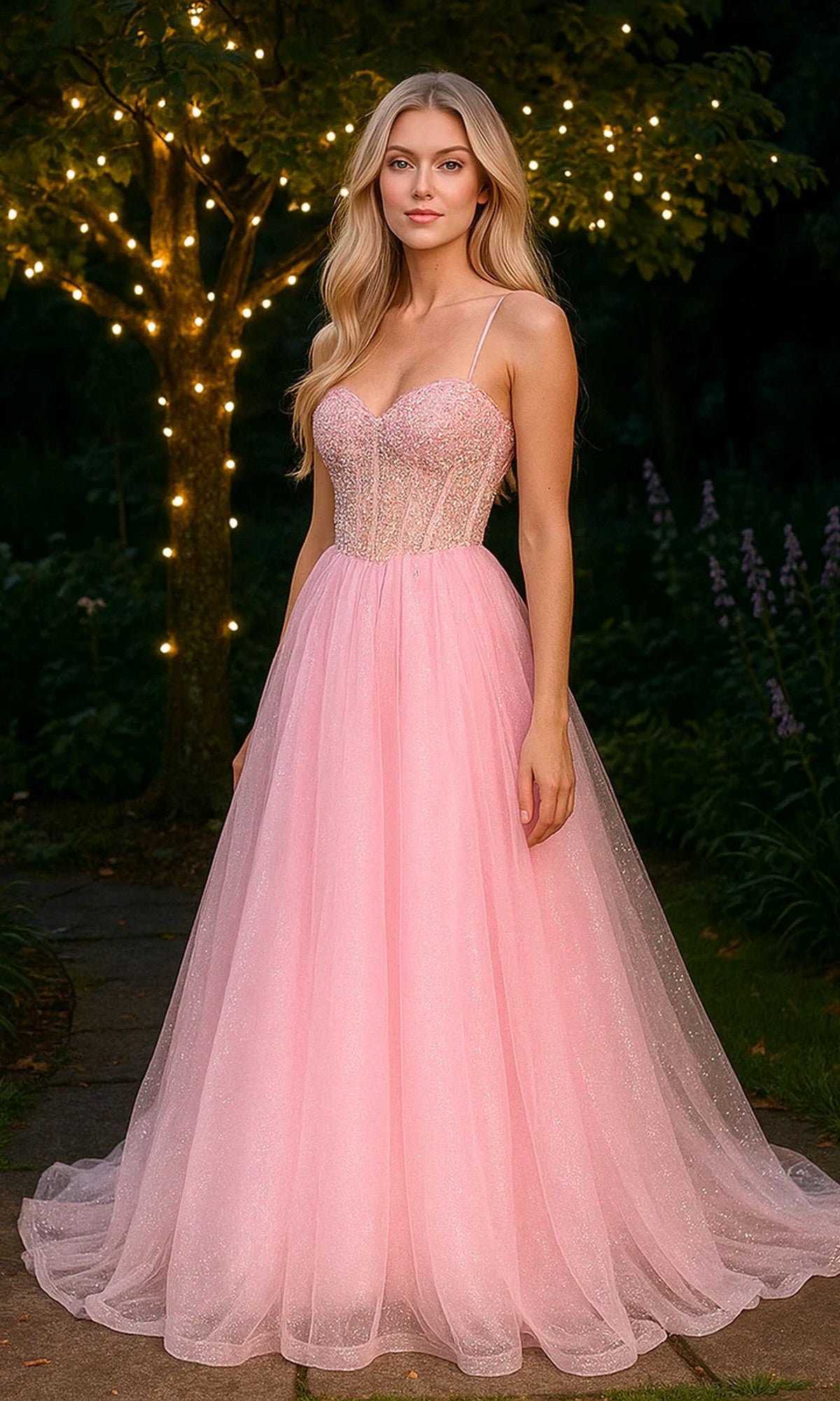 A woman in the Portia and Scarlett XO163 light pink prom ball gown, featuring an embellished bodice and thin straps, stands outdoors near illuminated trees at night.
